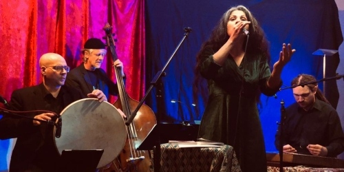 Konzertfotografie. Steffen Thormählen an der Rahmentrommel, Uwe Böttcher am Kontrabass, Sanaz Zaresani am Gesang und Benjamin Stein an der Santur.